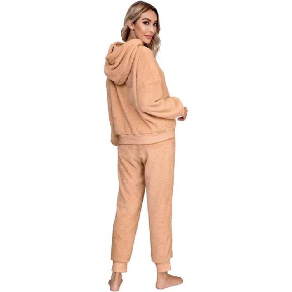 Women's Fuzzy Sherpa Fleece Pajamas Set, Camel - Picture 4 of 6